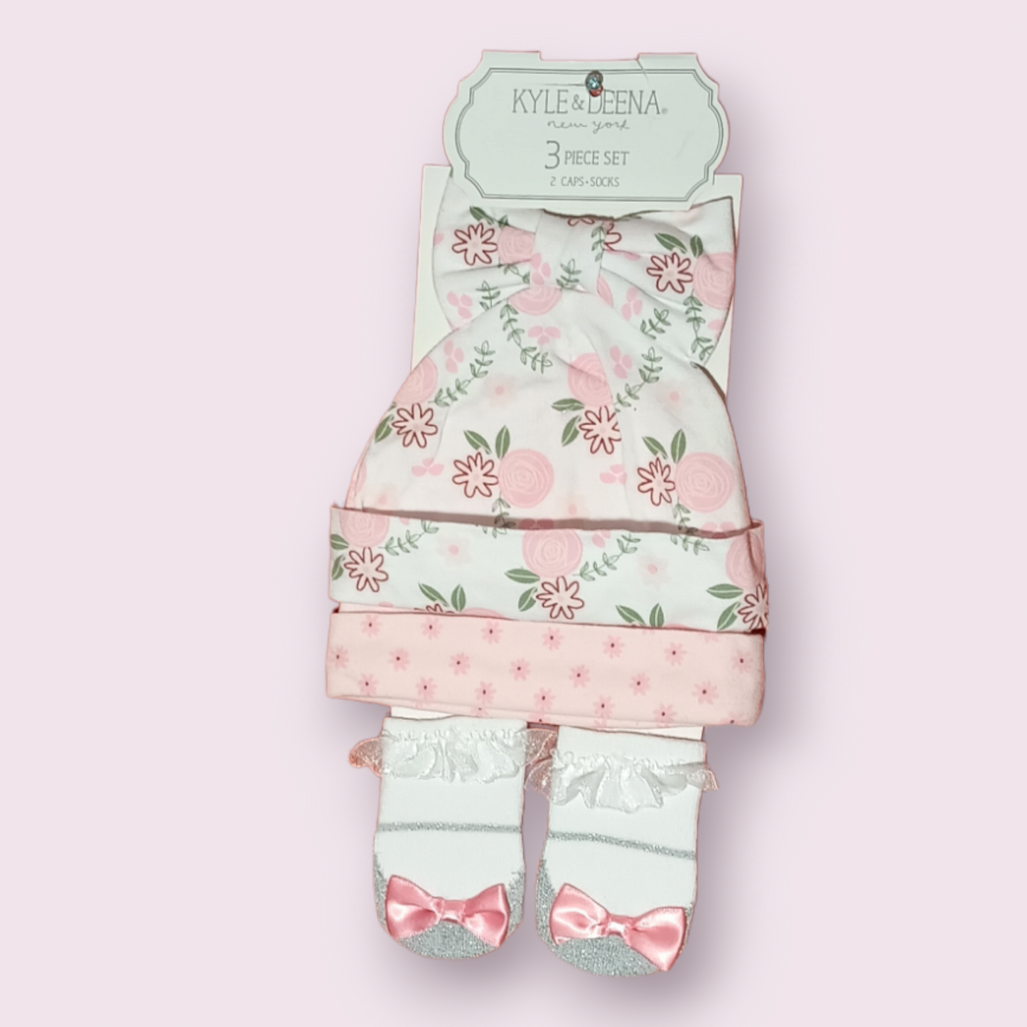 Newborn Girls 3 Pc White Pink Floral Hats and White Silver Ruffle Bow Socks Set