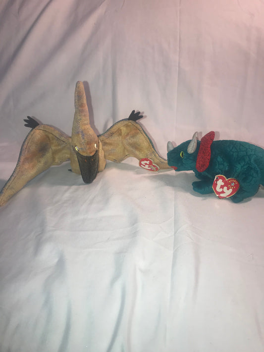 TY Beanie Baby - SWOOP the Pterodactyl (6 inch) .Hornsly the triceratops Dinosour (8”20cm).Set of two