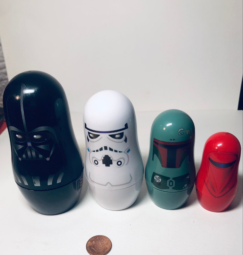 Star Wars plastic Russian nesting dolls set of four Darth Vader, Storm Trooper, Bobba Fett, Royal Gaurd